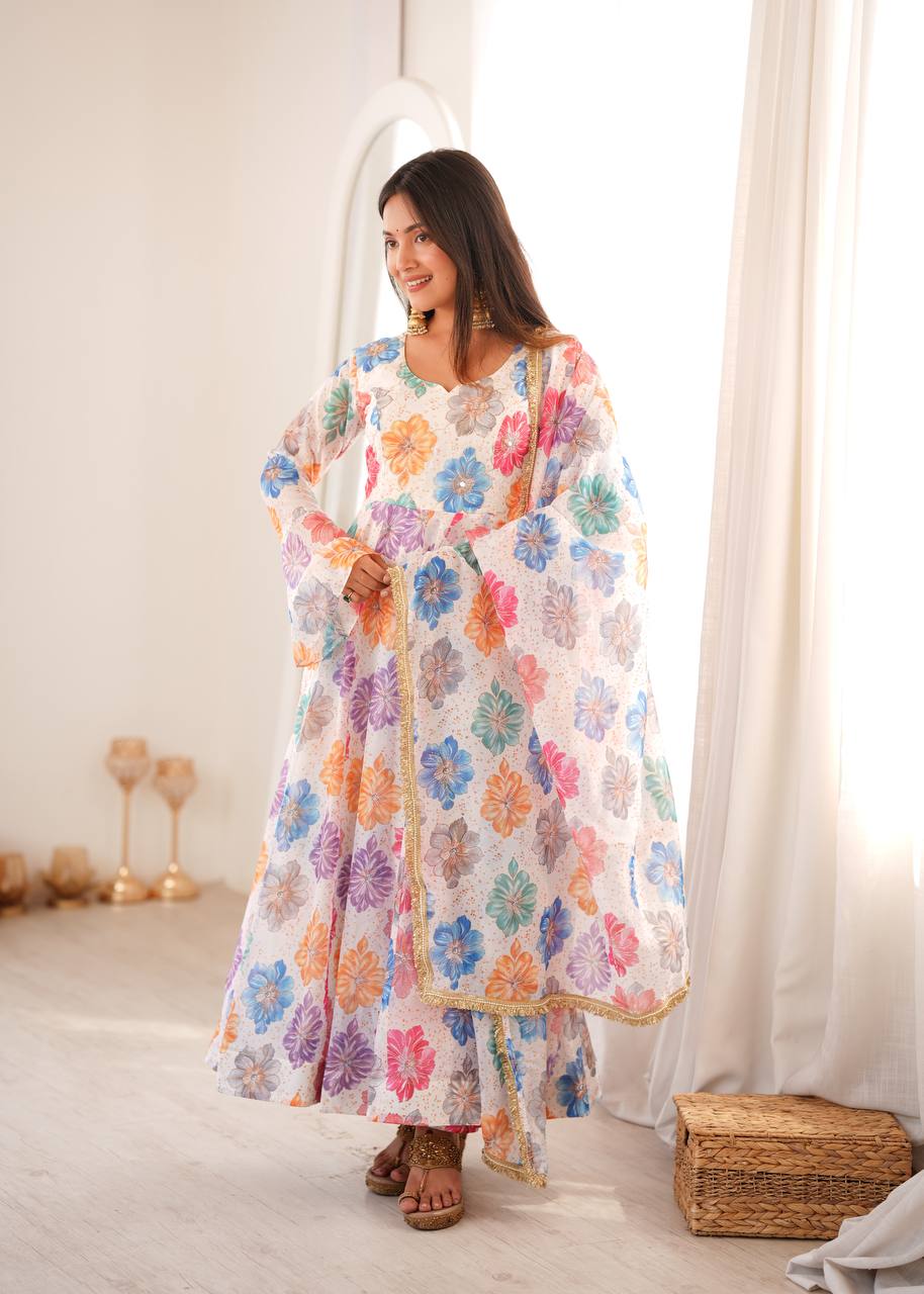 White Floral Printed Organza Gown with Pant and Dupatta