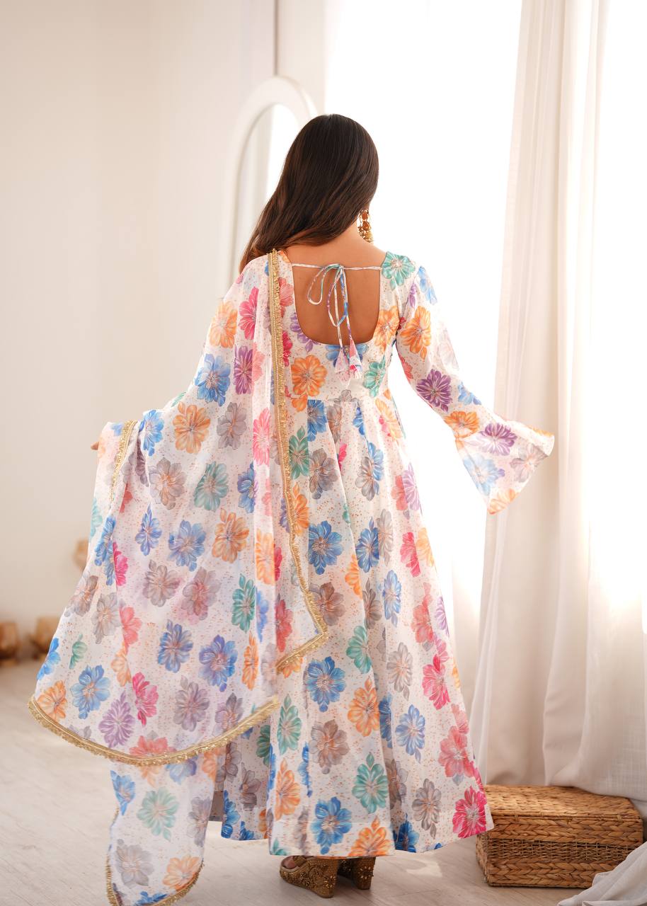 White Floral Printed Organza Gown with Pant and Dupatta
