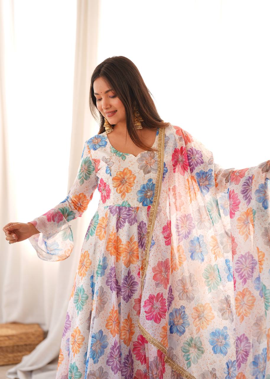 White Floral Printed Organza Gown with Pant and Dupatta