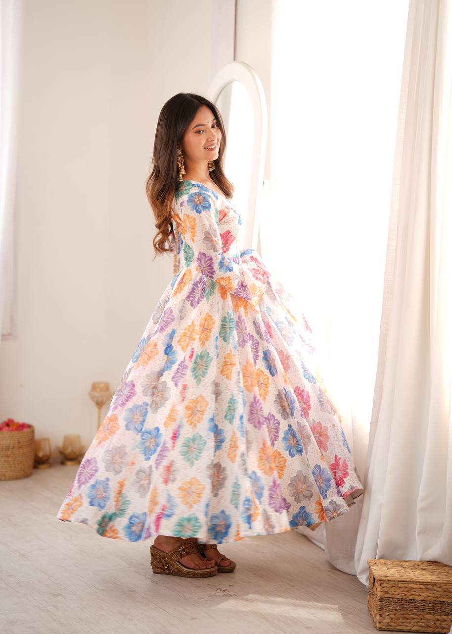 White Floral Printed Organza Gown with Pant and Dupatta