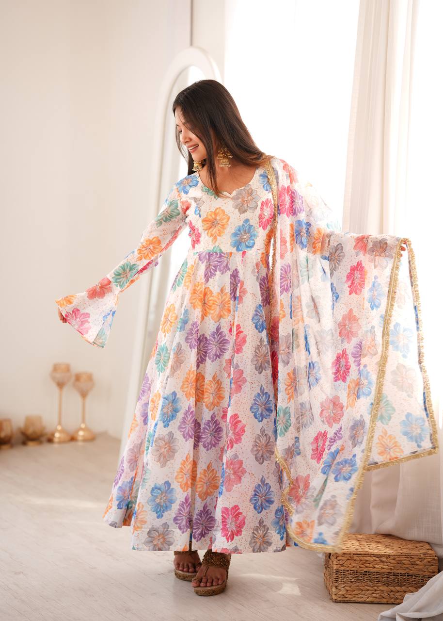 White Floral Printed Organza Gown with Pant and Dupatta