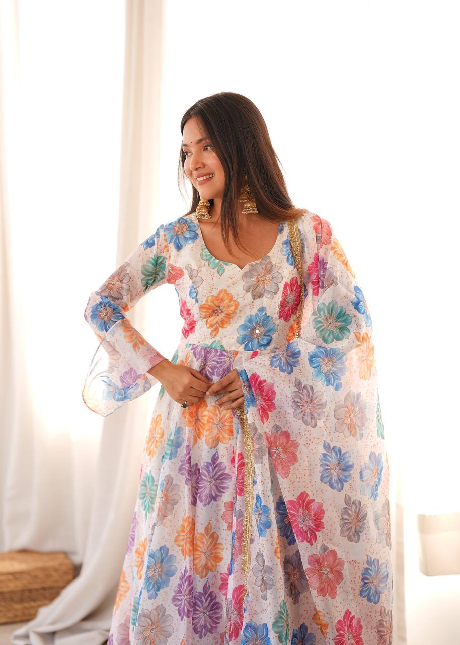 White Floral Printed Organza Gown with Pant and Dupatta