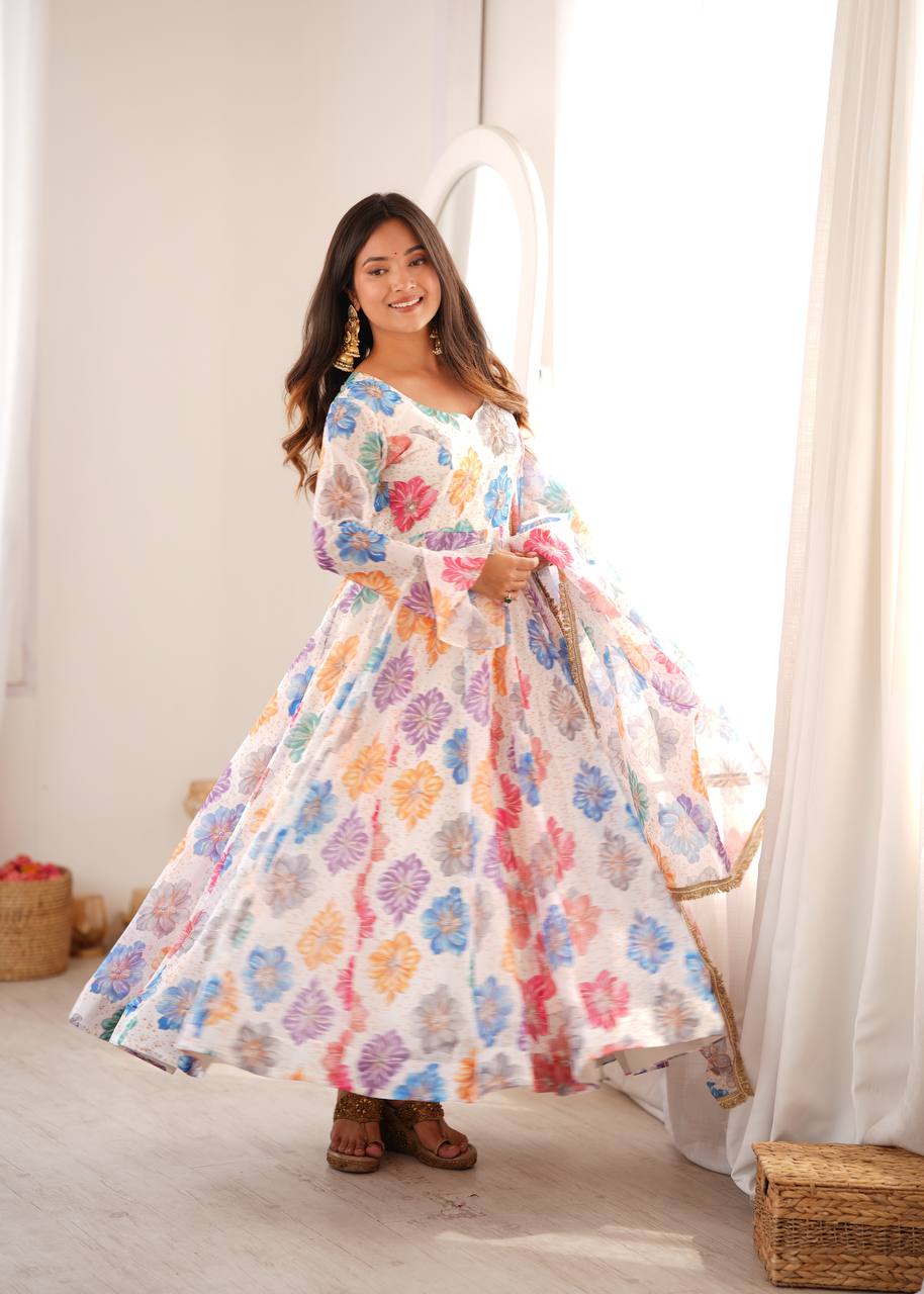White Floral Printed Organza Gown with Pant and Dupatta