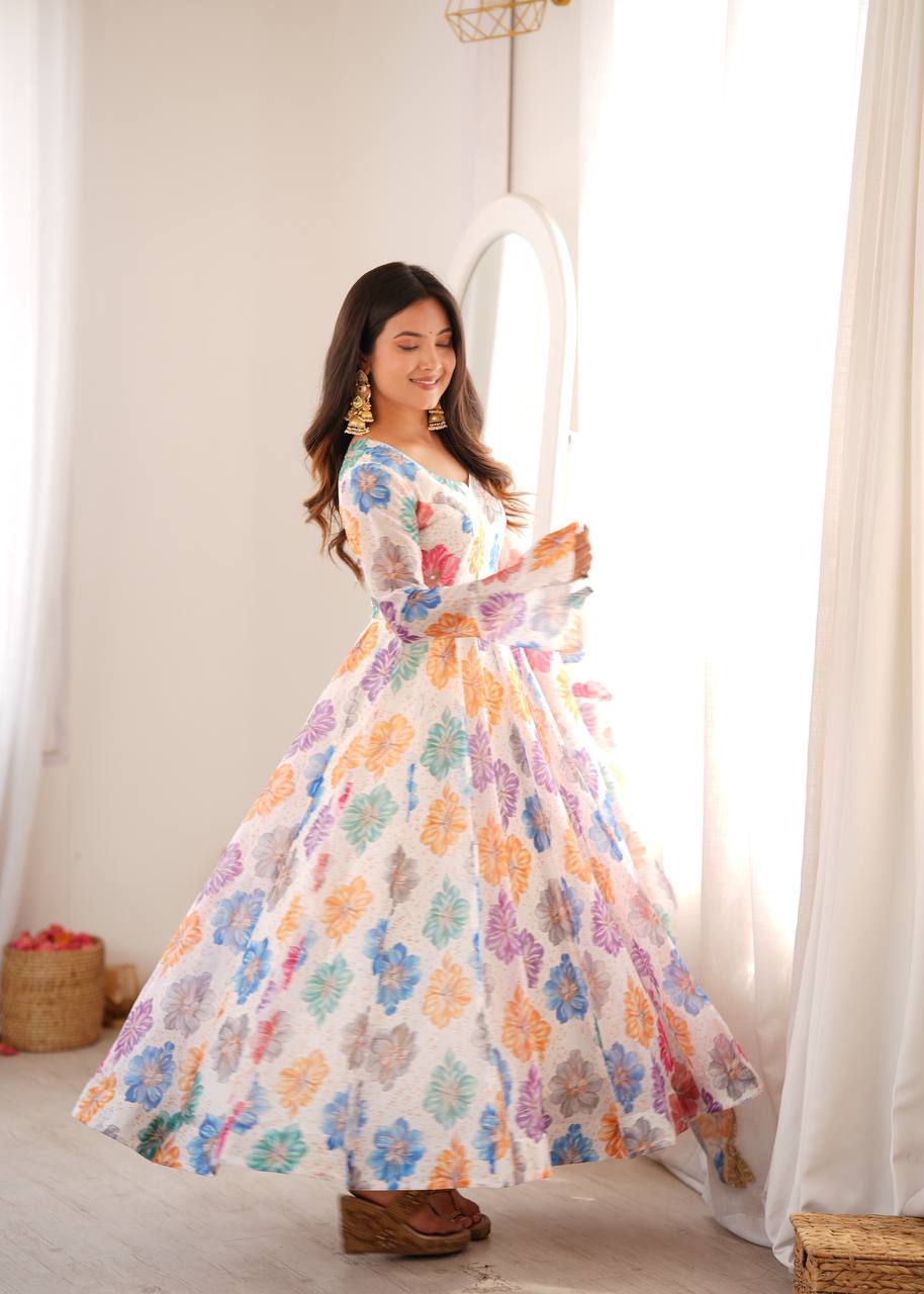 White Floral Printed Organza Gown with Pant and Dupatta