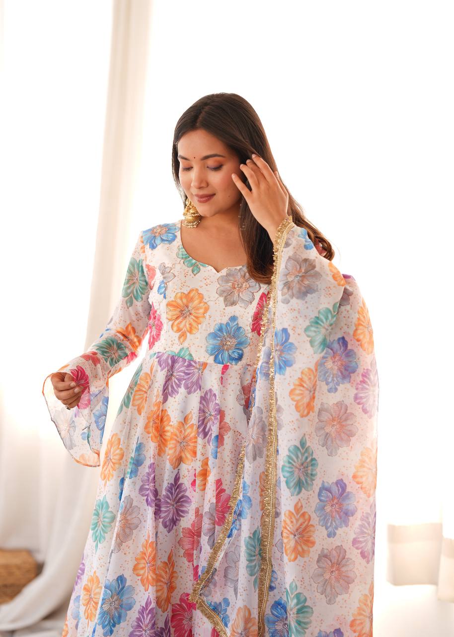 White Floral Printed Organza Gown with Pant and Dupatta