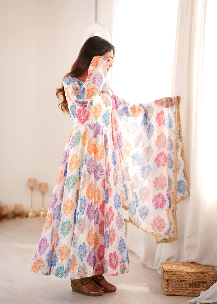 White Floral Printed Organza Gown with Pant and Dupatta