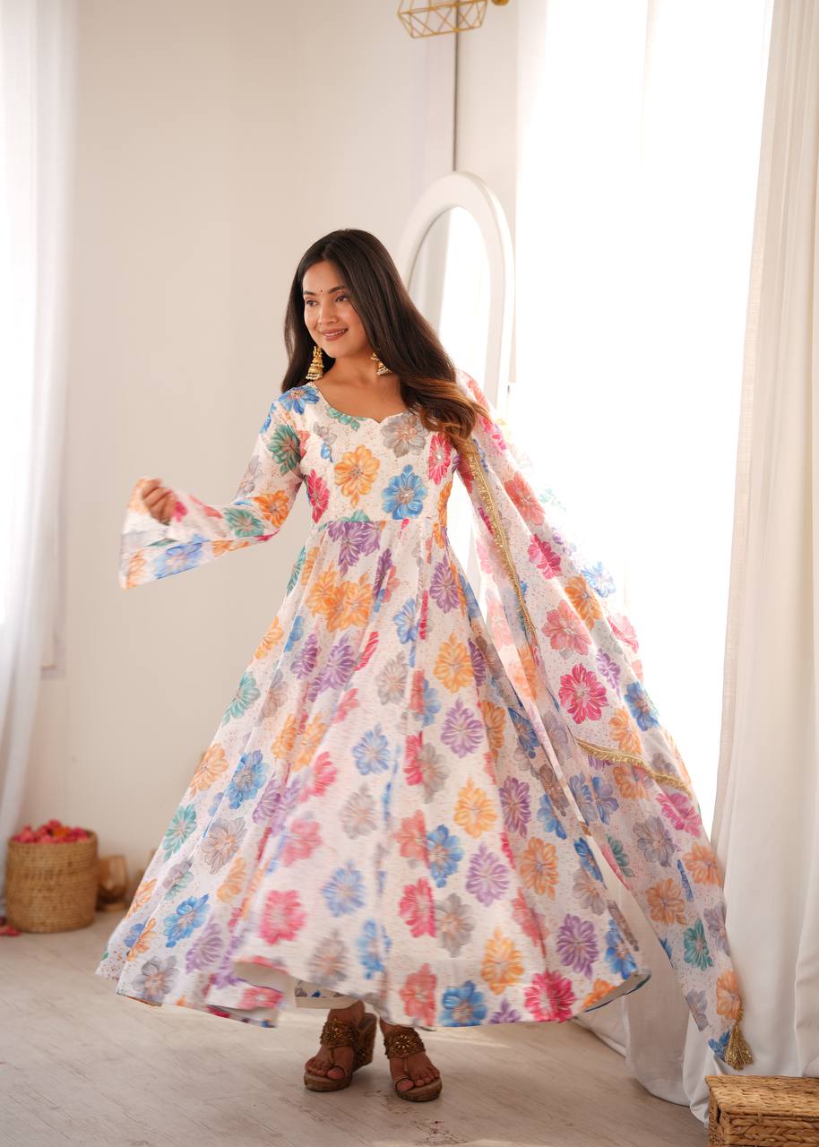 White Floral Printed Organza Gown with Pant and Dupatta