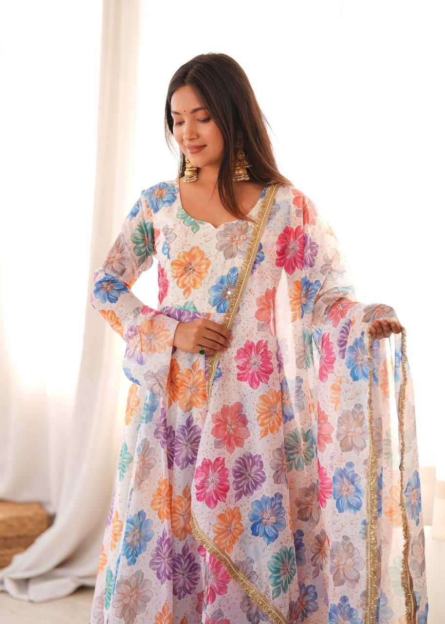 White Floral Printed Organza Gown with Pant and Dupatta