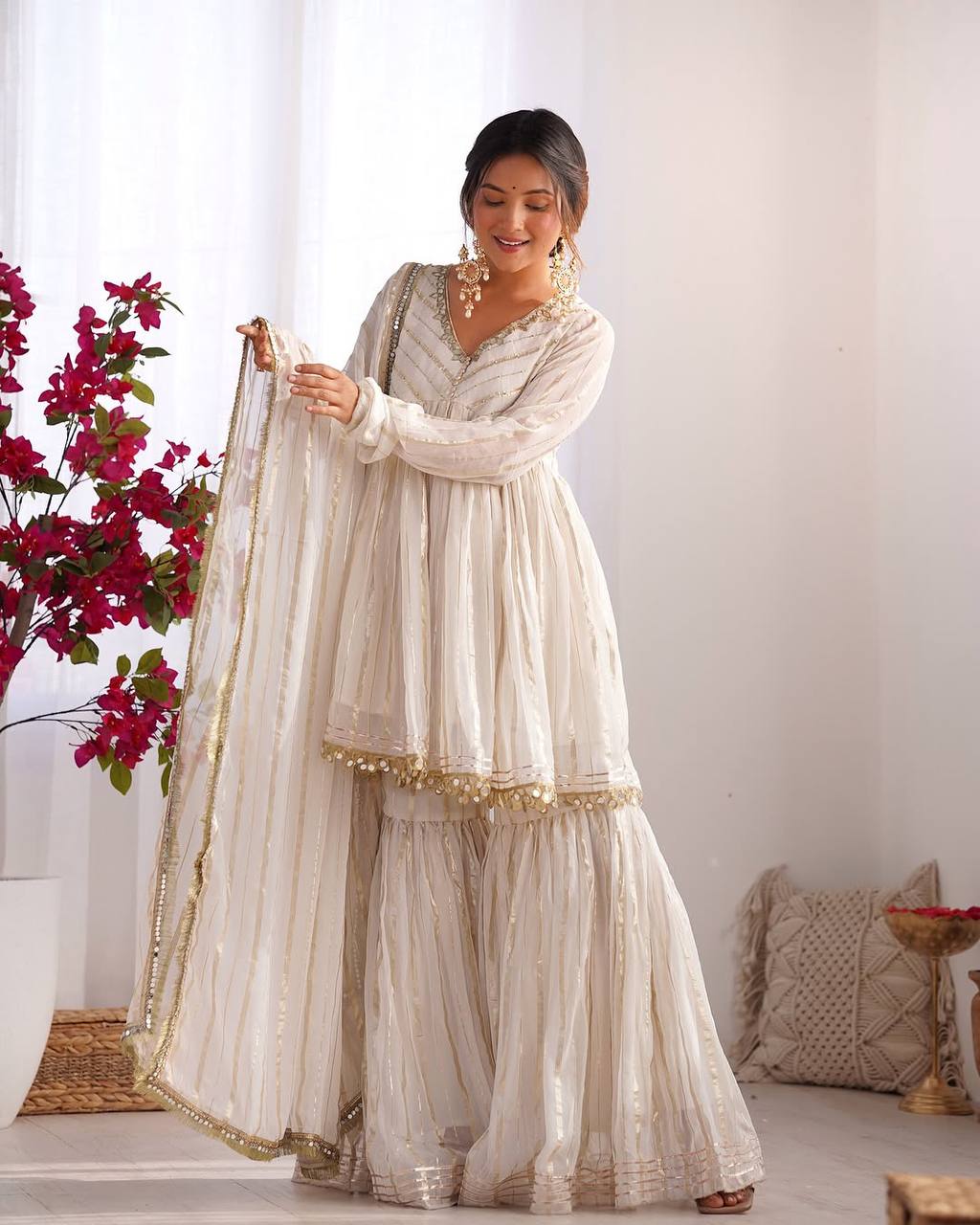 White Mal Chanderi Sharara Suit with Mirror Work