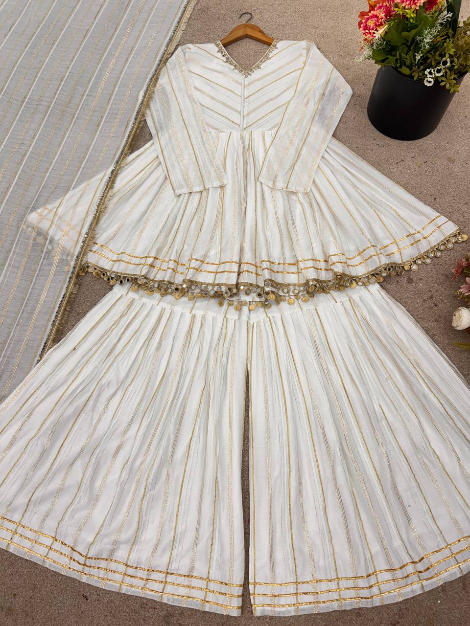 White Mal Chanderi Sharara Suit with Mirror Work