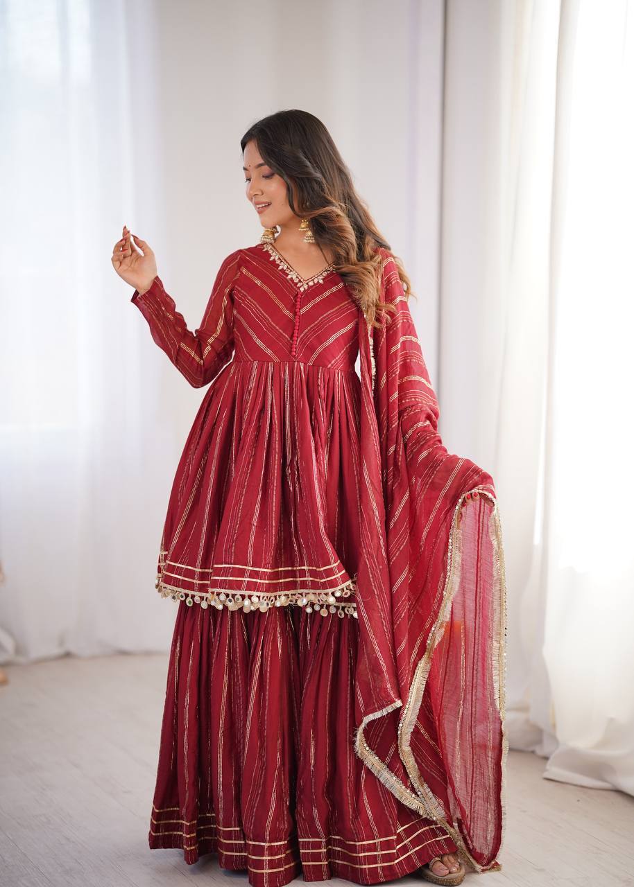 White Mal Chanderi Sharara Suit with Mirror Work