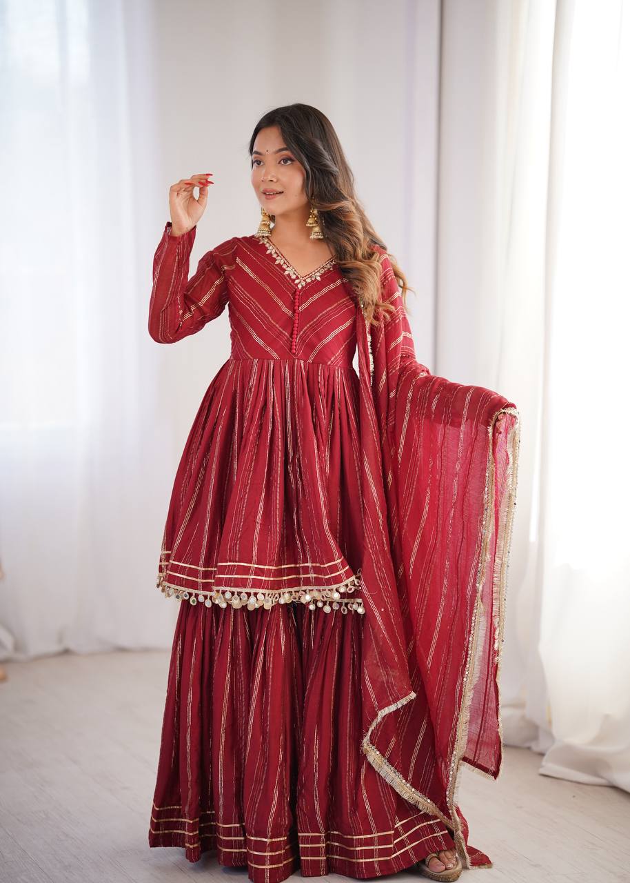 White Mal Chanderi Sharara Suit with Mirror Work