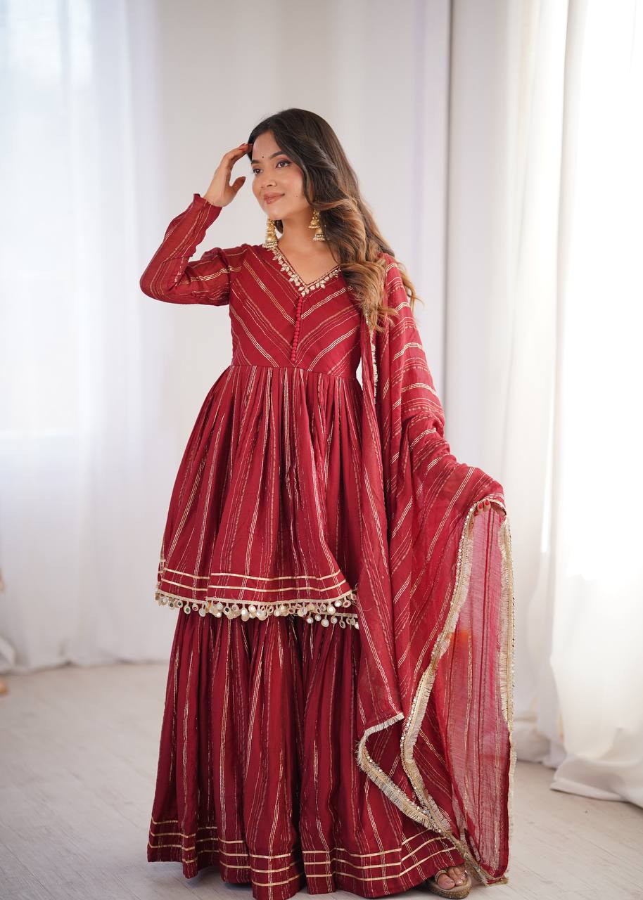 White Mal Chanderi Sharara Suit with Mirror Work