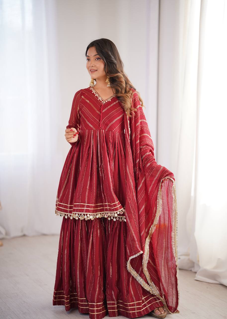 White Mal Chanderi Sharara Suit with Mirror Work
