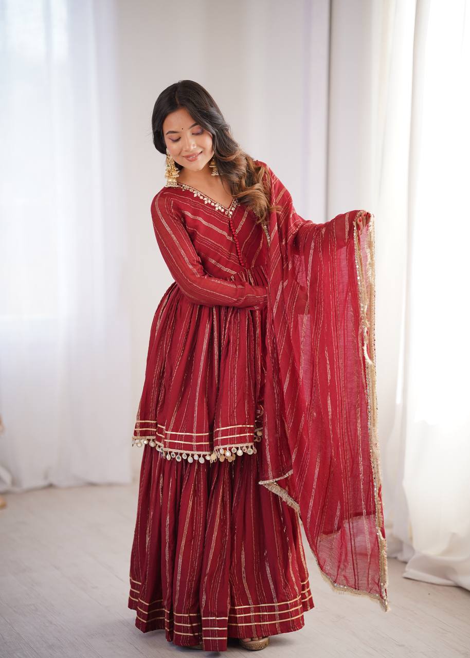 White Mal Chanderi Sharara Suit with Mirror Work
