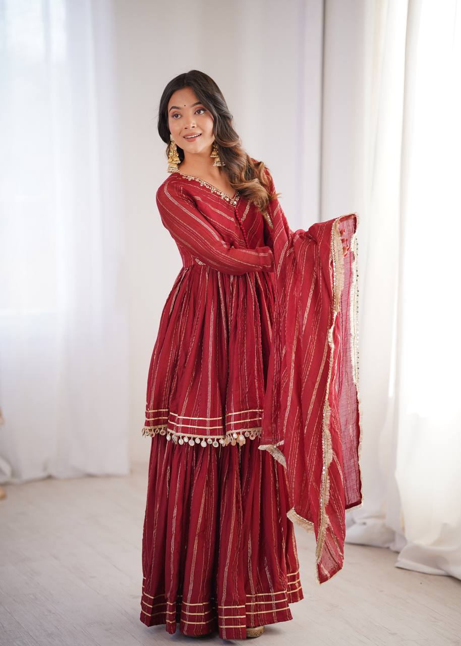 White Mal Chanderi Sharara Suit with Mirror Work