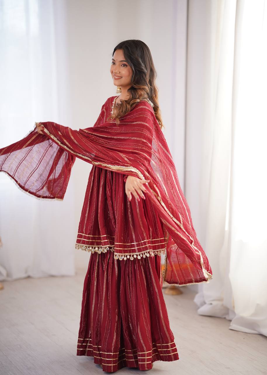 White Mal Chanderi Sharara Suit with Mirror Work