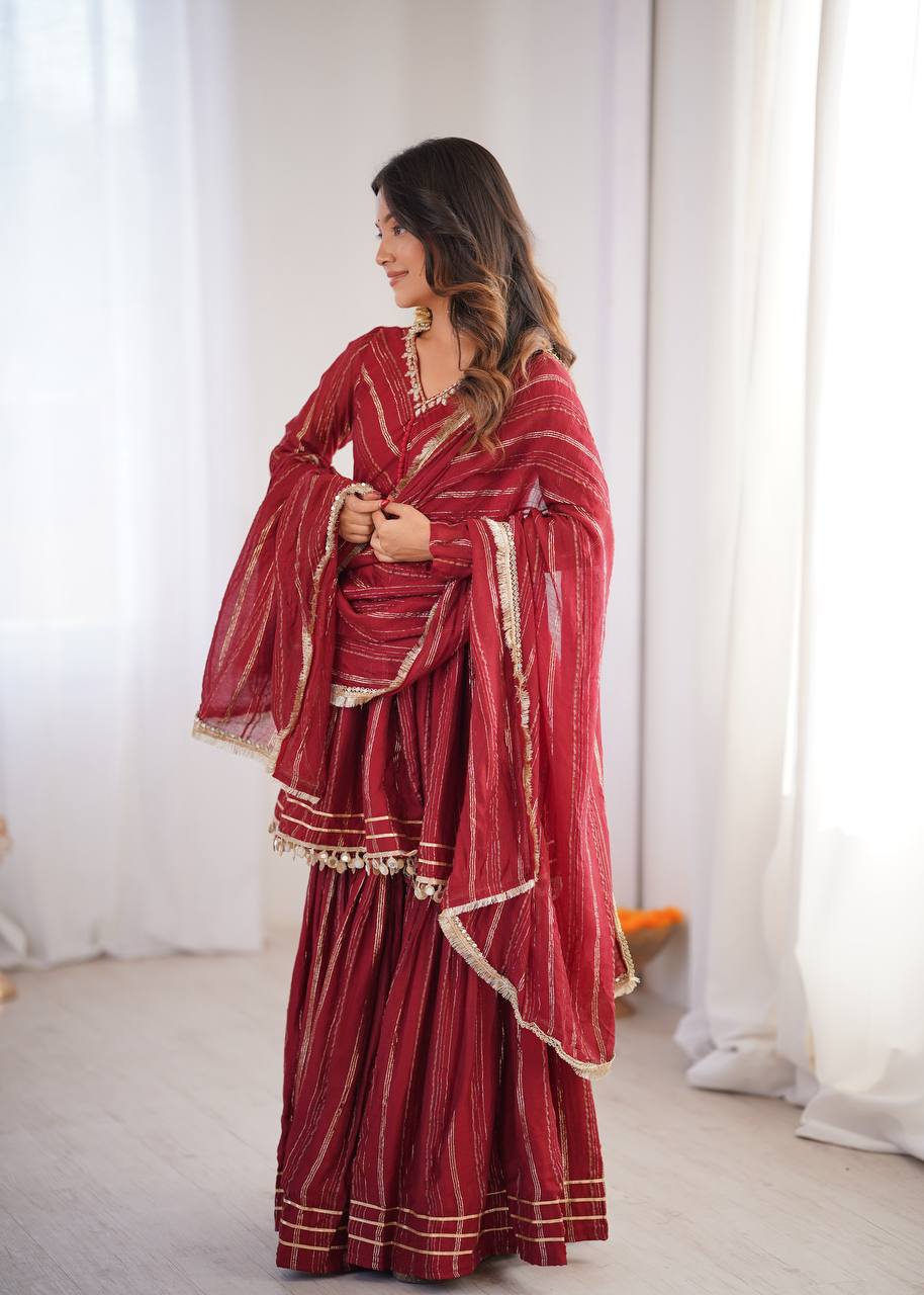 White Mal Chanderi Sharara Suit with Mirror Work