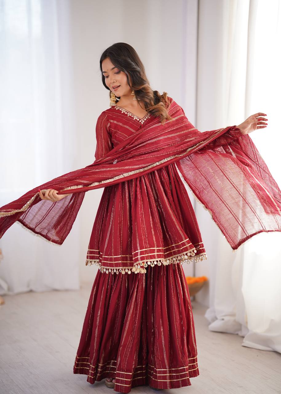 White Mal Chanderi Sharara Suit with Mirror Work