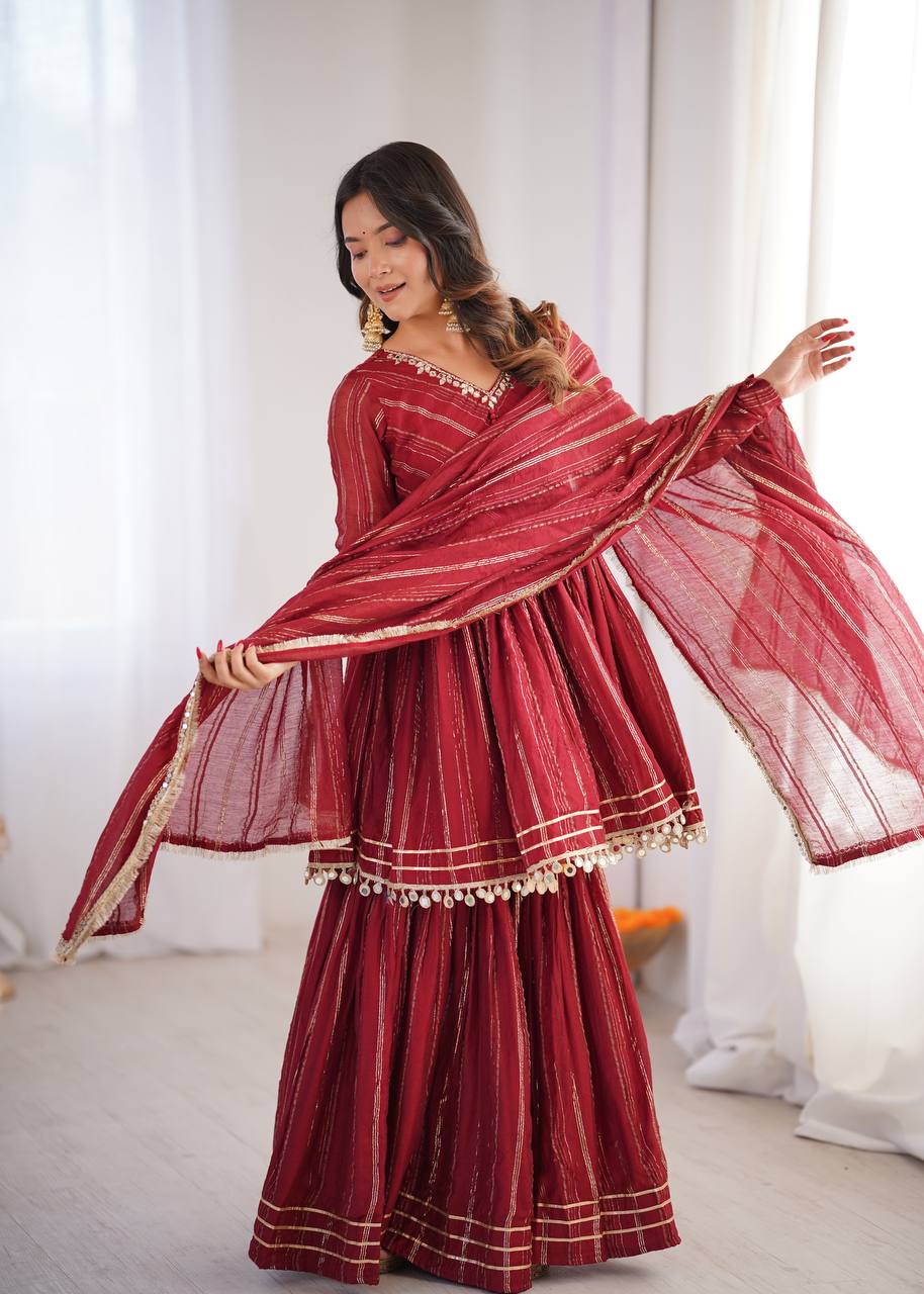 White Mal Chanderi Sharara Suit with Mirror Work