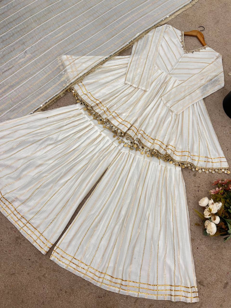 White Mal Chanderi Sharara Suit with Mirror Work