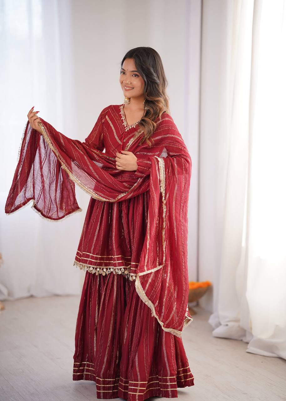 White Mal Chanderi Sharara Suit with Mirror Work