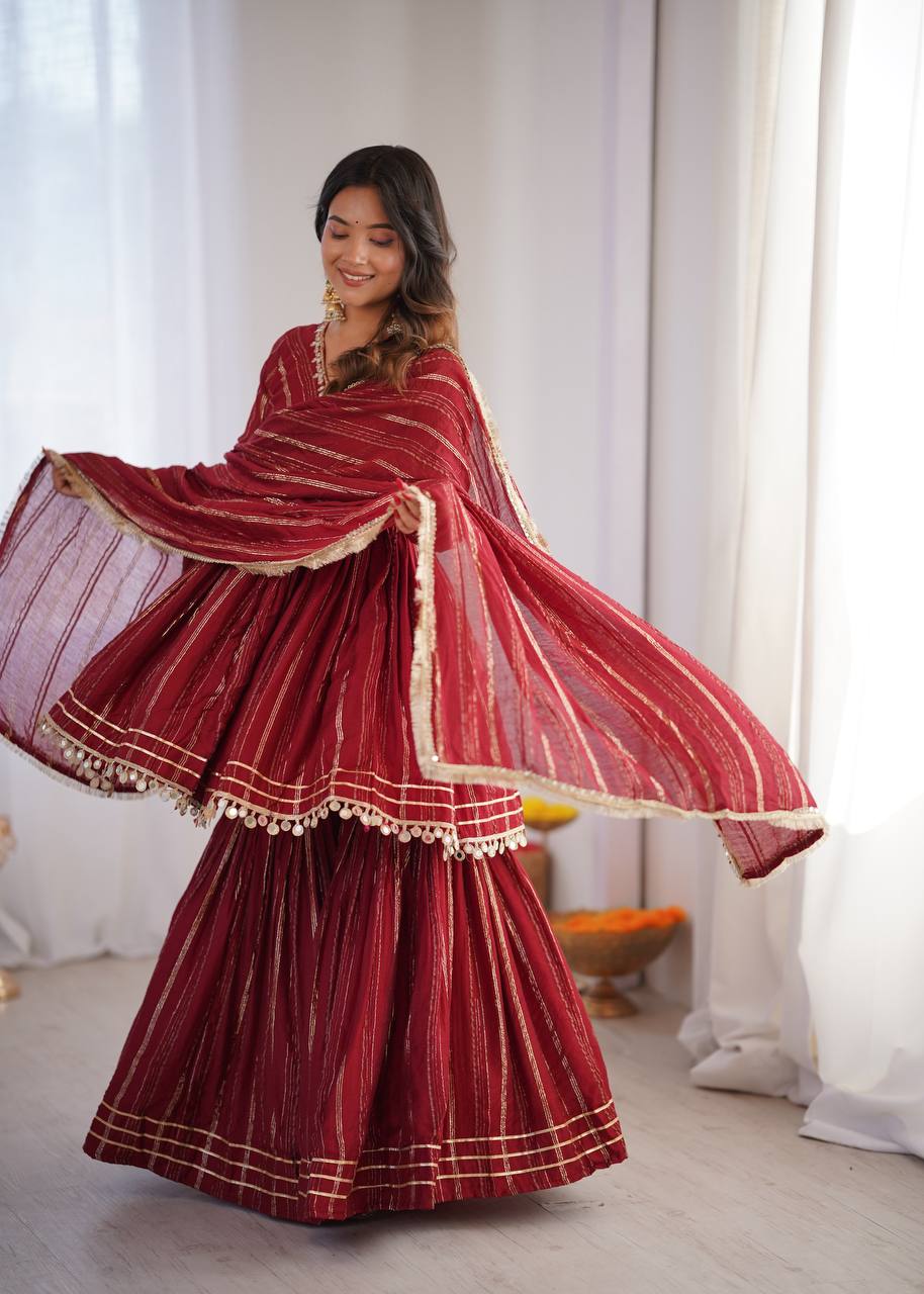 White Mal Chanderi Sharara Suit with Mirror Work