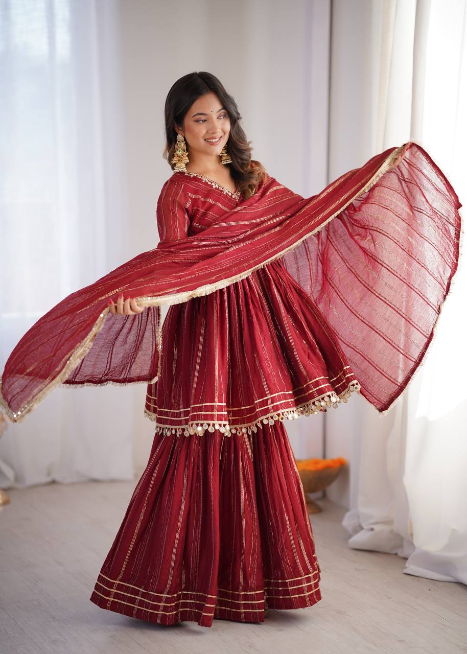 White Mal Chanderi Sharara Suit with Mirror Work