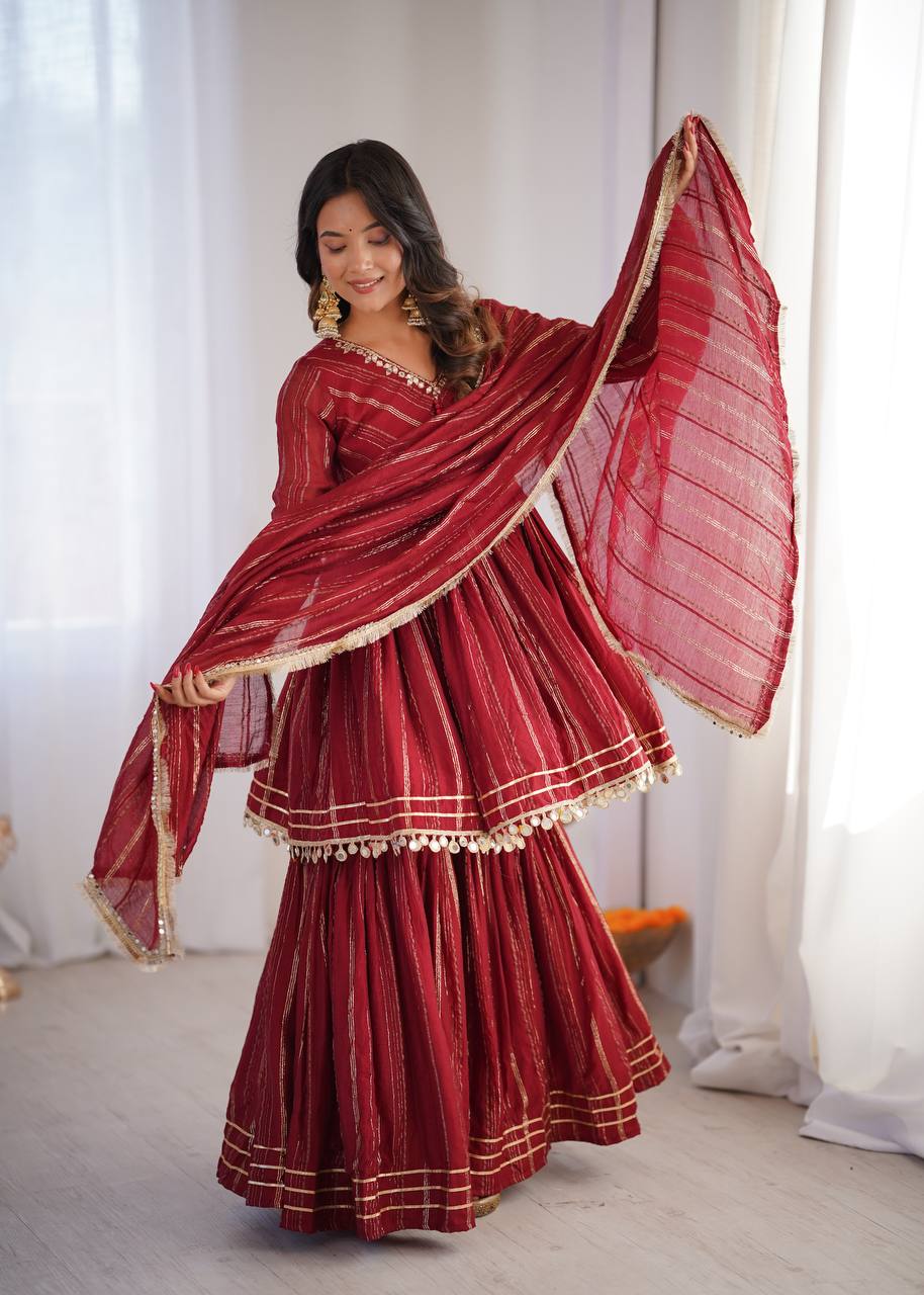 White Mal Chanderi Sharara Suit with Mirror Work