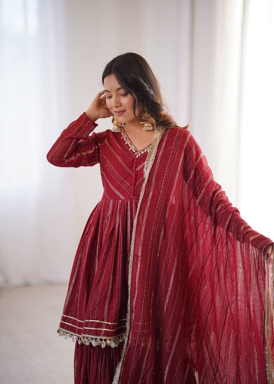White Mal Chanderi Sharara Suit with Mirror Work