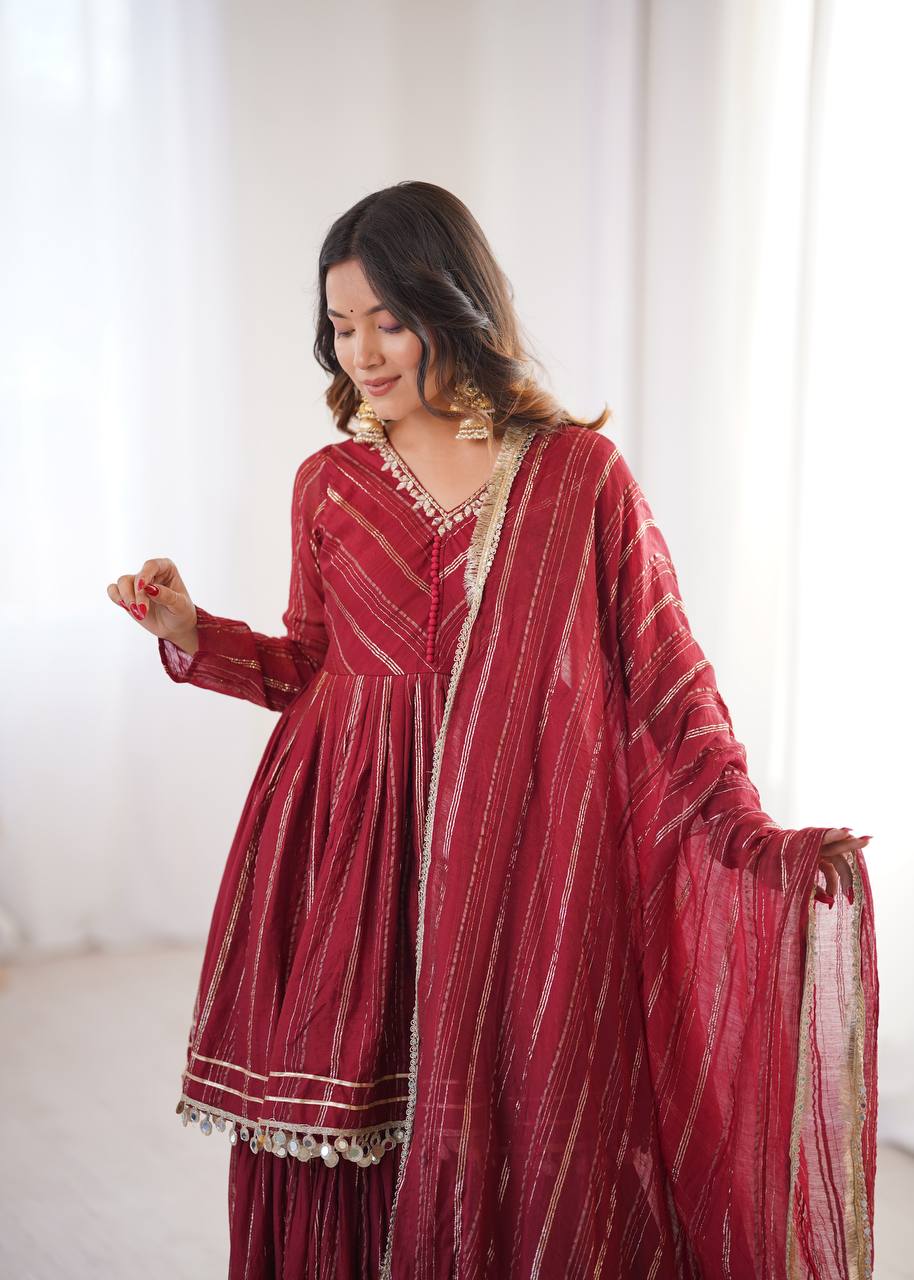 White Mal Chanderi Sharara Suit with Mirror Work