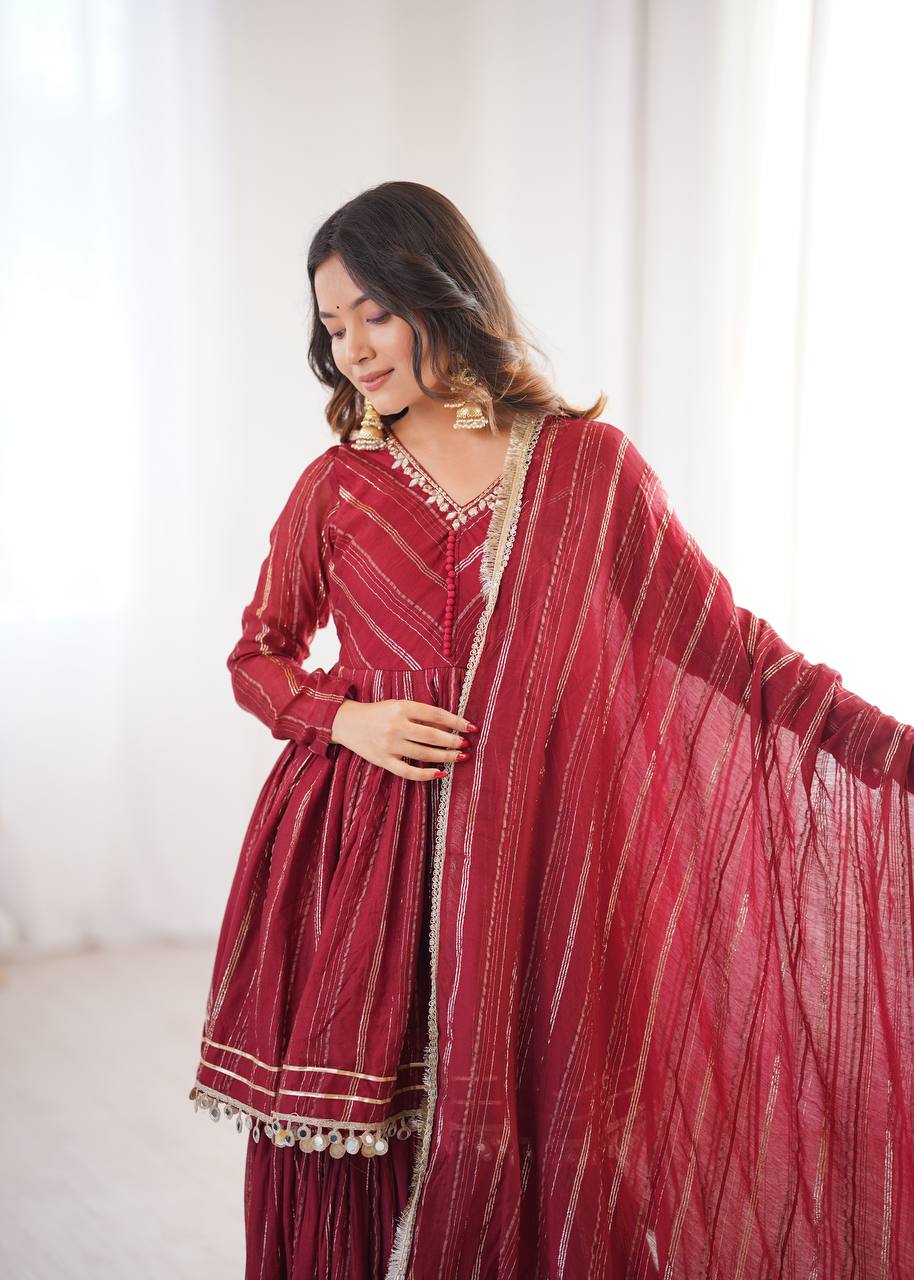 White Mal Chanderi Sharara Suit with Mirror Work