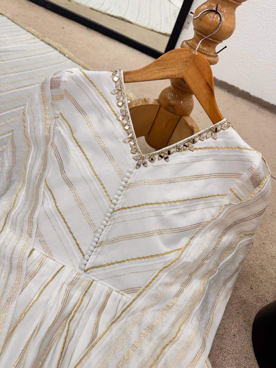 White Mal Chanderi Sharara Suit with Mirror Work