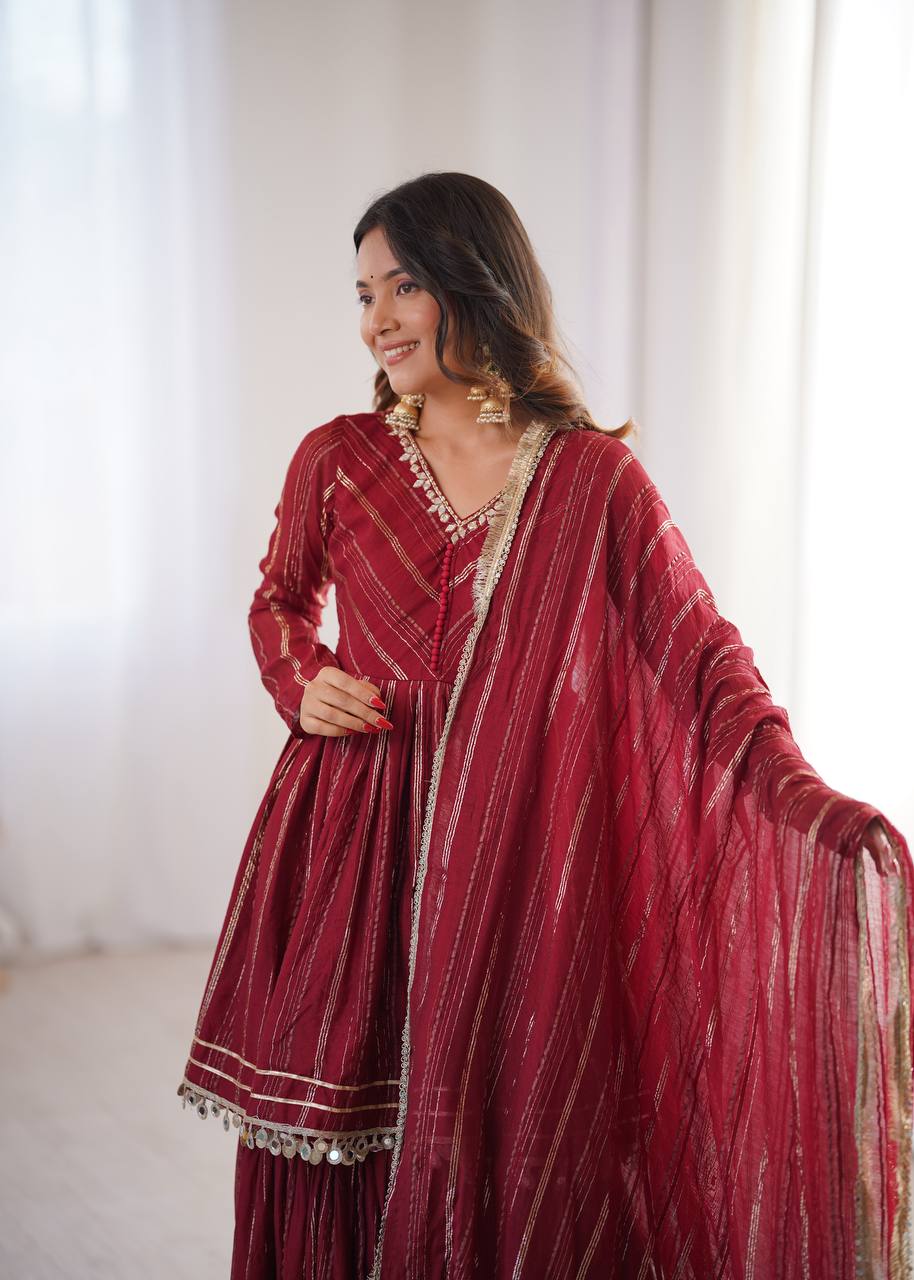 White Mal Chanderi Sharara Suit with Mirror Work