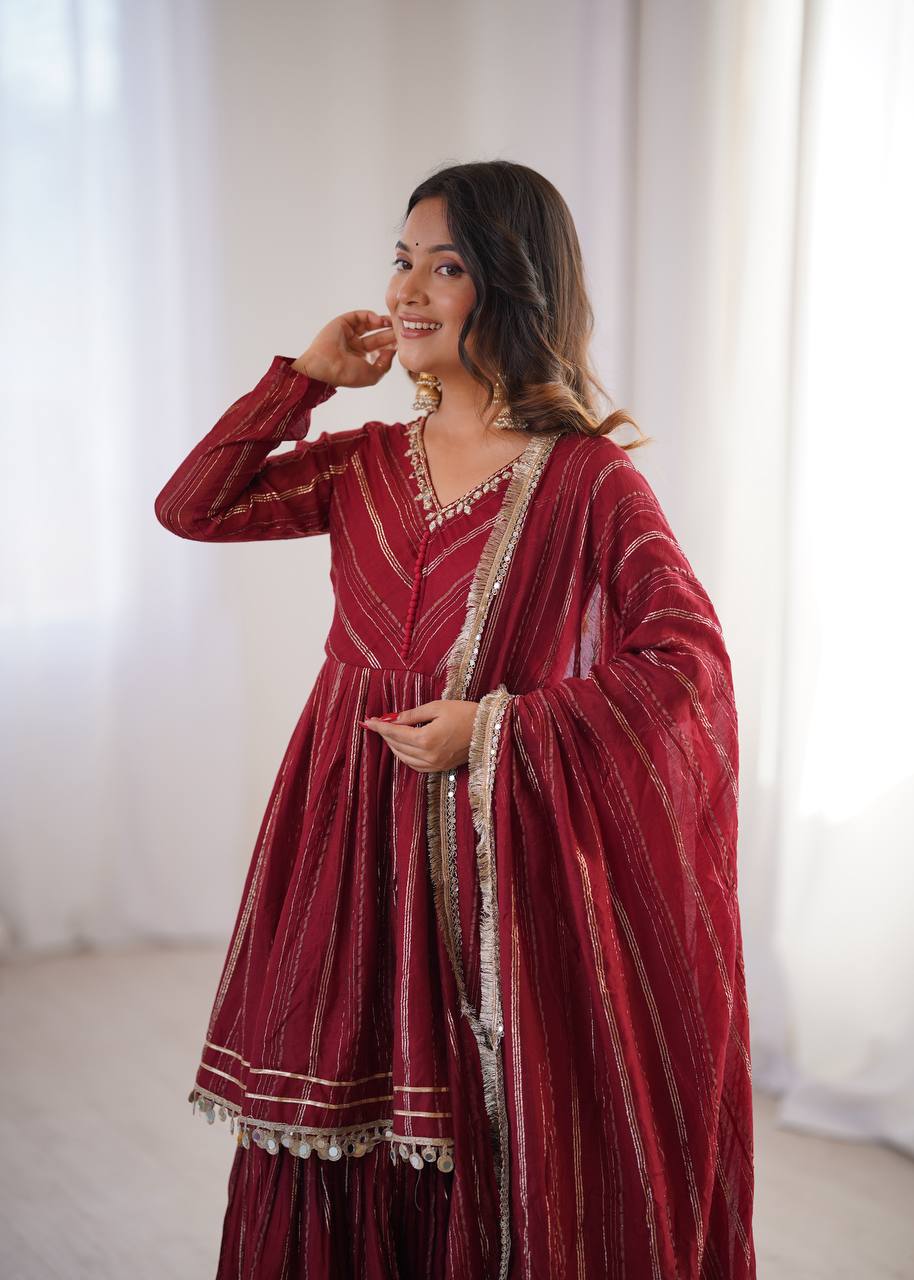 White Mal Chanderi Sharara Suit with Mirror Work