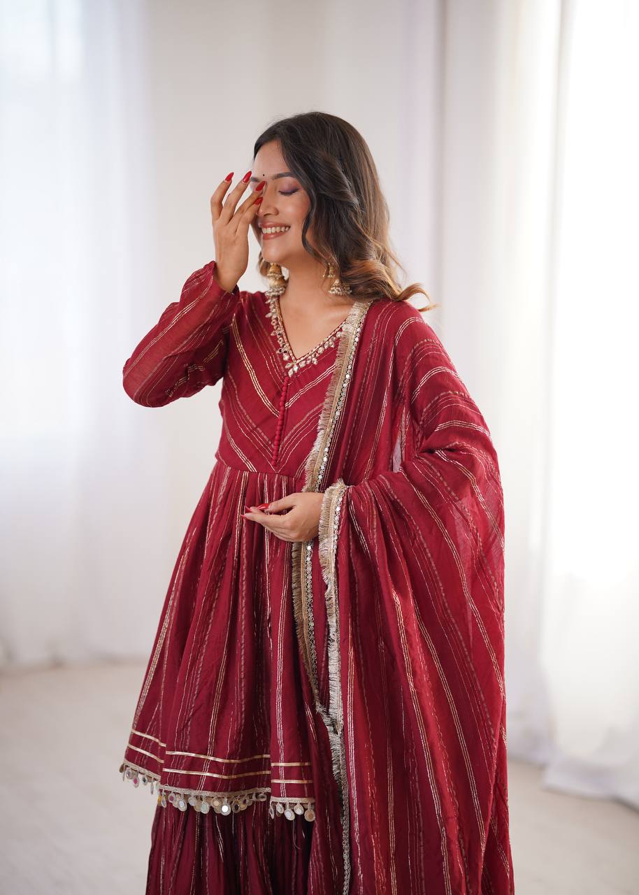 White Mal Chanderi Sharara Suit with Mirror Work