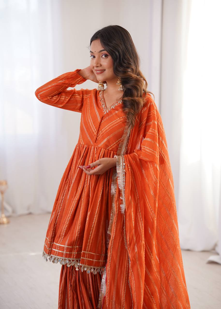 White Mal Chanderi Sharara Suit with Mirror Work