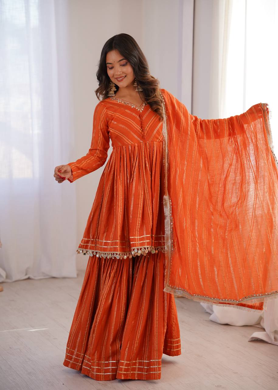 White Mal Chanderi Sharara Suit with Mirror Work