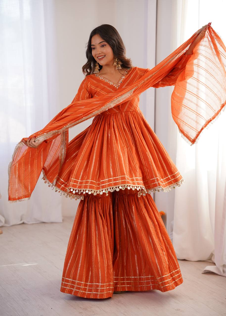 White Mal Chanderi Sharara Suit with Mirror Work