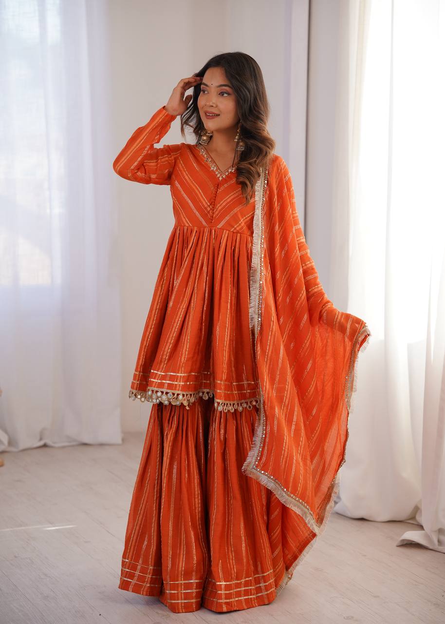 White Mal Chanderi Sharara Suit with Mirror Work
