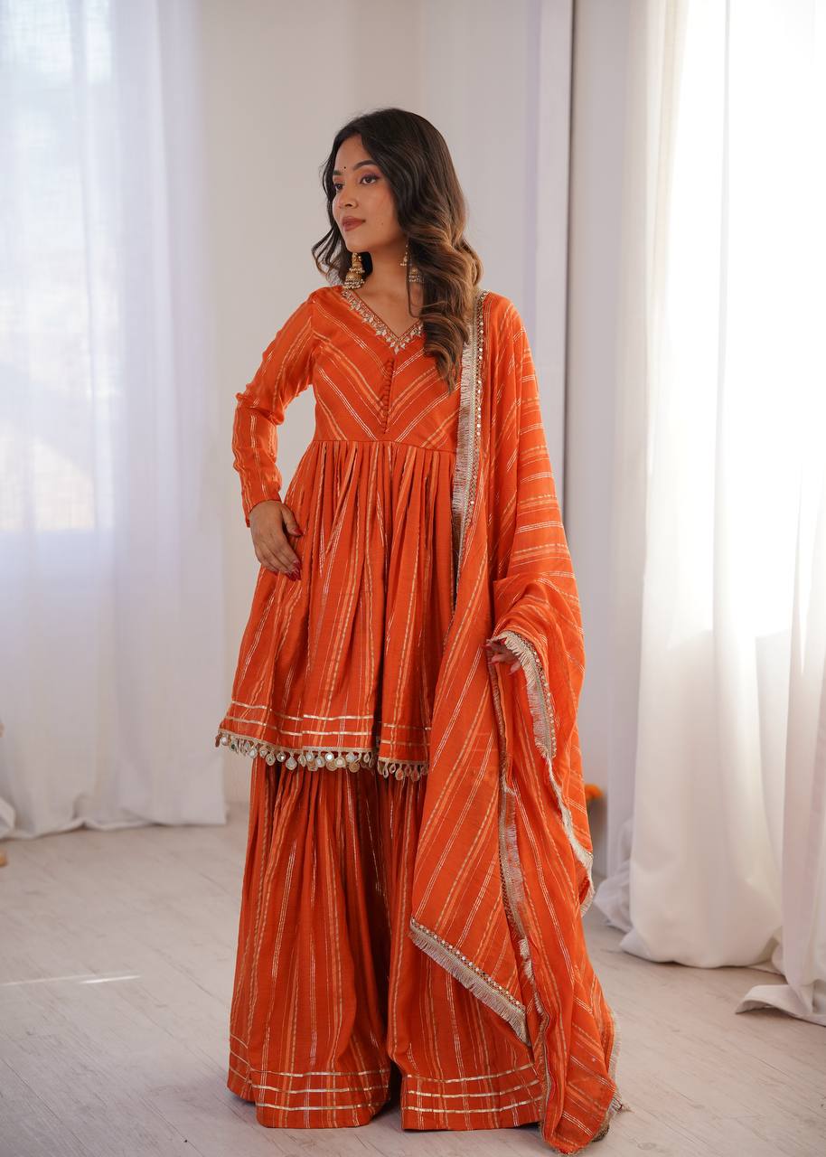 White Mal Chanderi Sharara Suit with Mirror Work