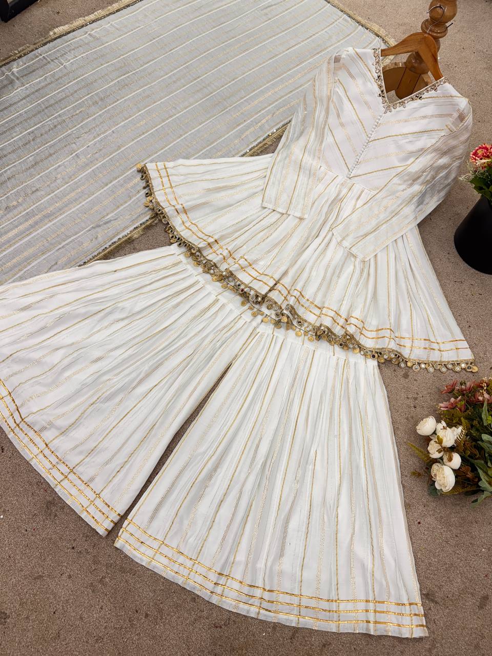 White Mal Chanderi Sharara Suit with Mirror Work