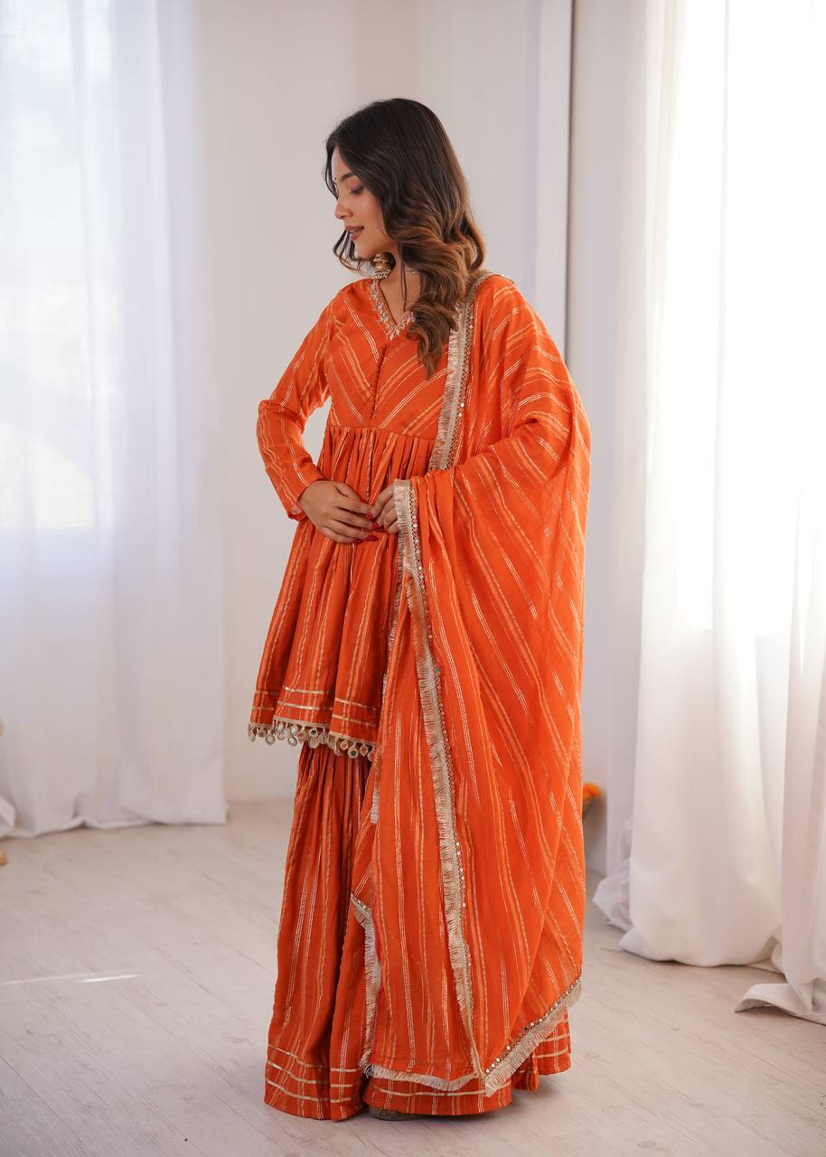 White Mal Chanderi Sharara Suit with Mirror Work