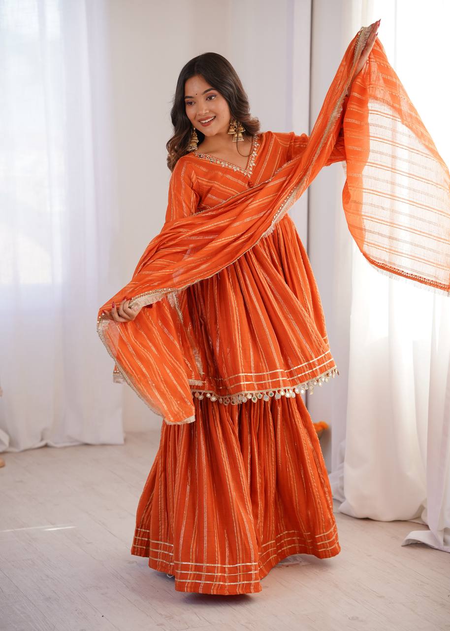 White Mal Chanderi Sharara Suit with Mirror Work