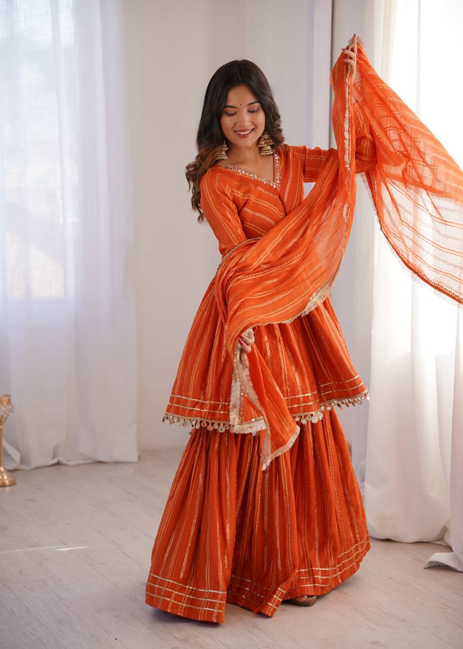 White Mal Chanderi Sharara Suit with Mirror Work