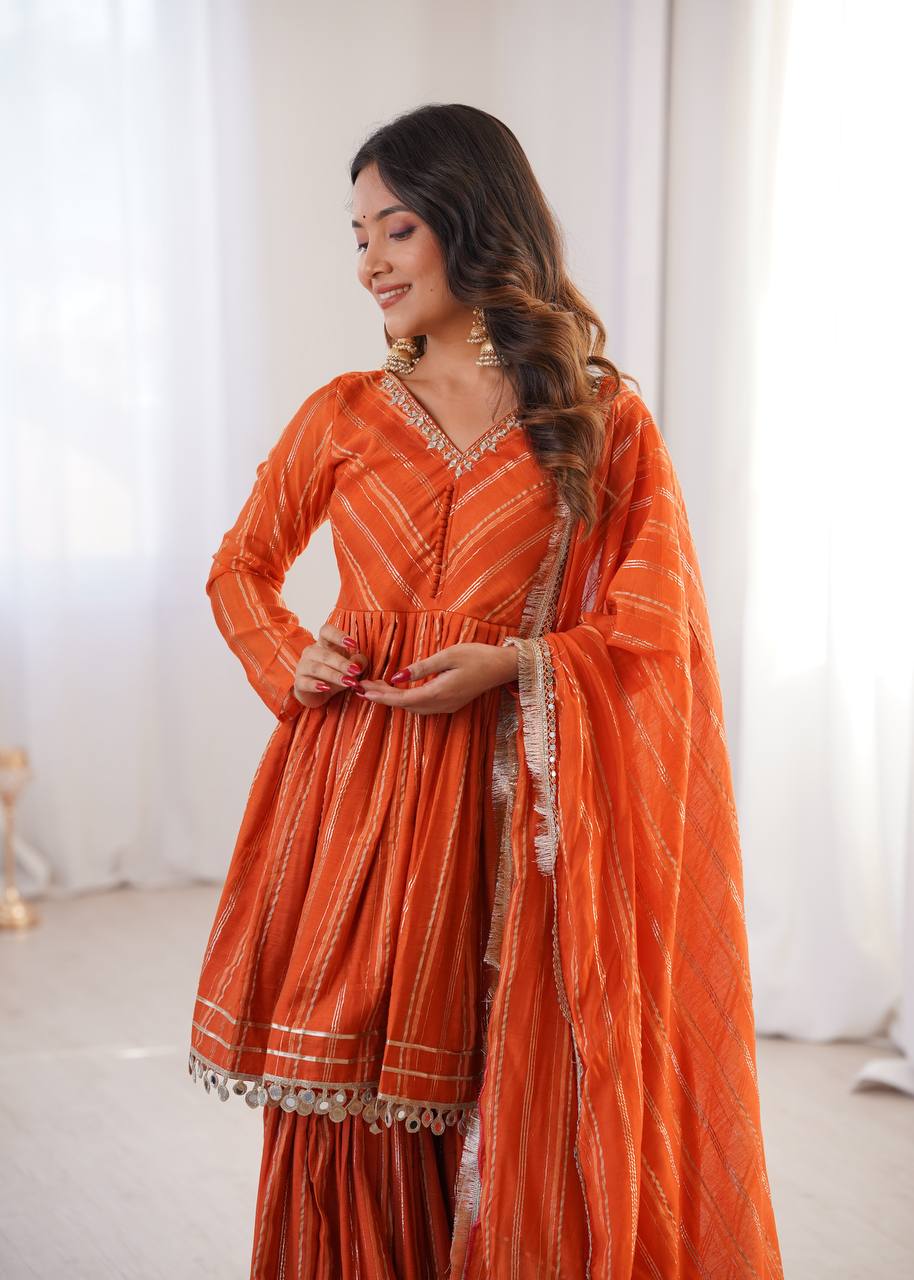 White Mal Chanderi Sharara Suit with Mirror Work