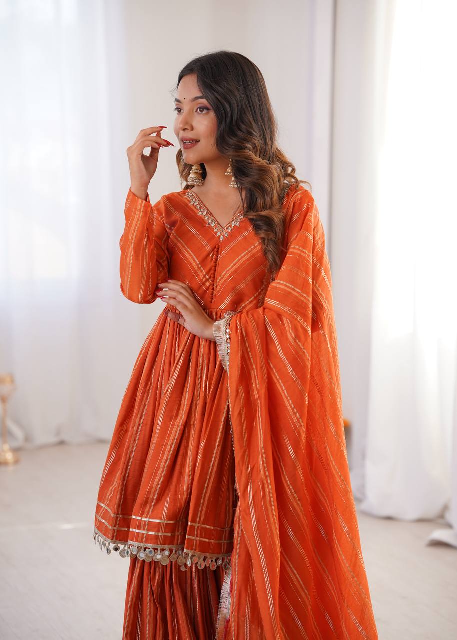 White Mal Chanderi Sharara Suit with Mirror Work