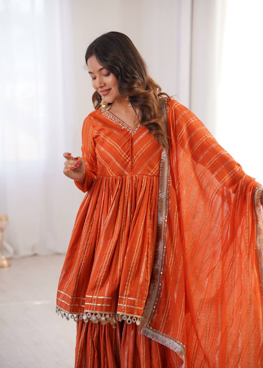 White Mal Chanderi Sharara Suit with Mirror Work