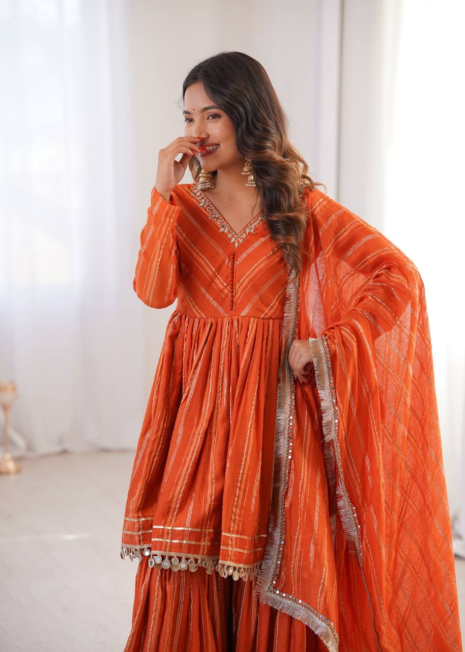 White Mal Chanderi Sharara Suit with Mirror Work