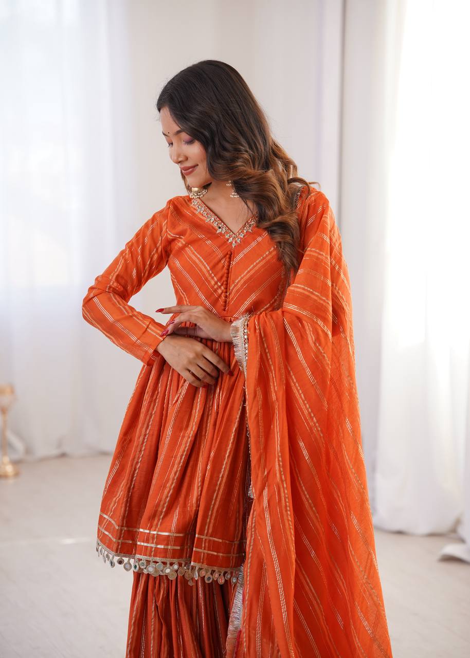 White Mal Chanderi Sharara Suit with Mirror Work